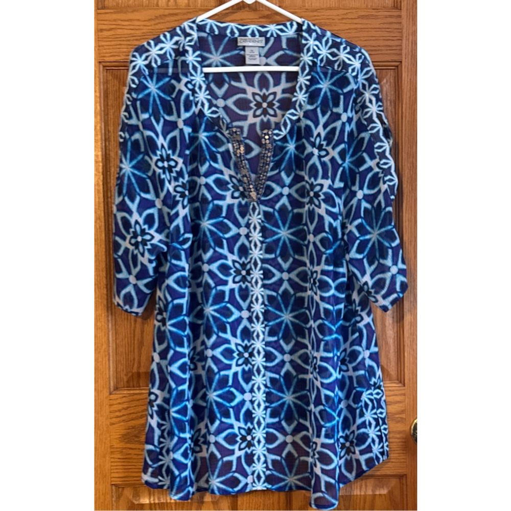 Women's Catherines Blue & White Floral Tunic Top Plus 1X